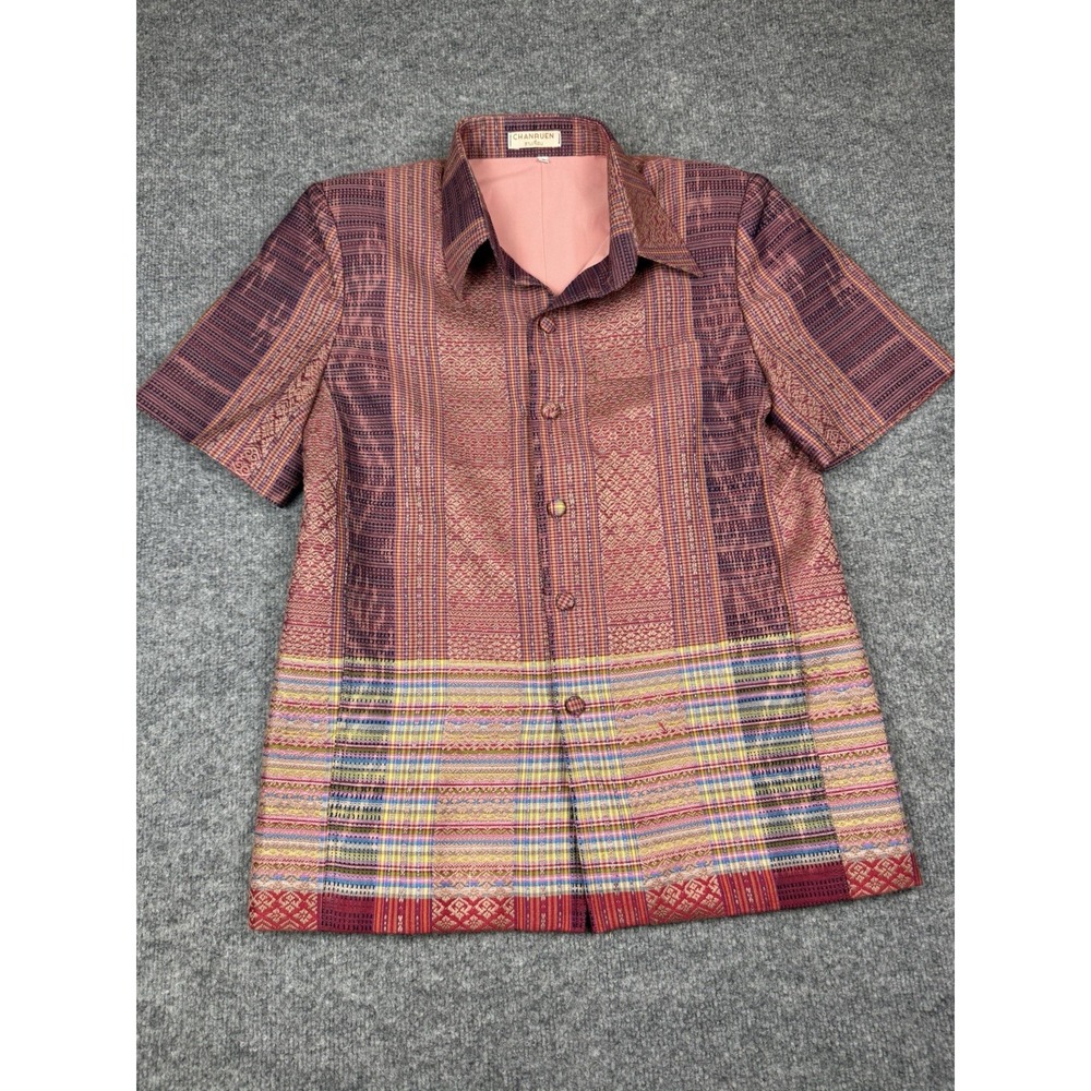 ChanRuen Formal Thai Woven Motif Silk Blend Button Down Artisan Boho Shirt S